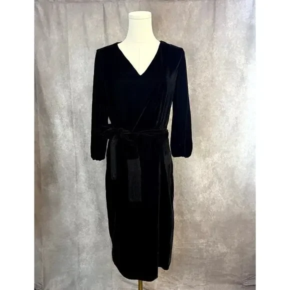 Lauren by Ralph Lauren Velvet Style Midi Little Black Dress Long Sleeve Bow Tie - Picture 11 of 15